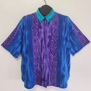 Vintage Tropical Color Block Purple and Blue Button Down Shirt
